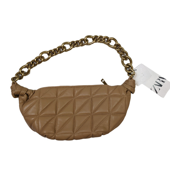 Zara Quilted Genuine Leather Shoulder Bag with Gold Chain Handle - NWT - Picture 2 of 4